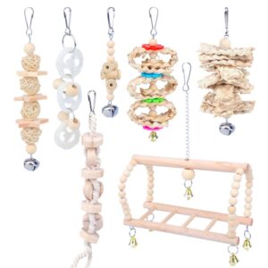 7pcs Bird Parrot Toy Set Chew and Stand Toys with Bells for Small Birds Cockatiel Budgie Parakeets Parrotlets Cockatoo Lovebird