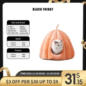 Warm Cat Cave Bed Pumpkin Hooded Dog Bed Kennel Warming Cuddler Sleeping House Cushion for Small Cats Dogs Puppy Kitten Rabbit